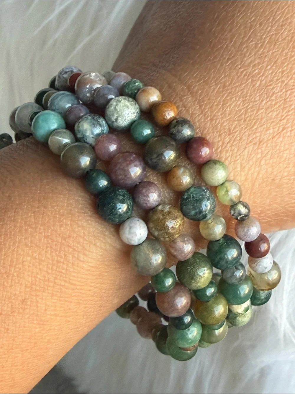 Multicolor Graduated Natural Stone Bead Memory Wire Bracelet - Green Accents